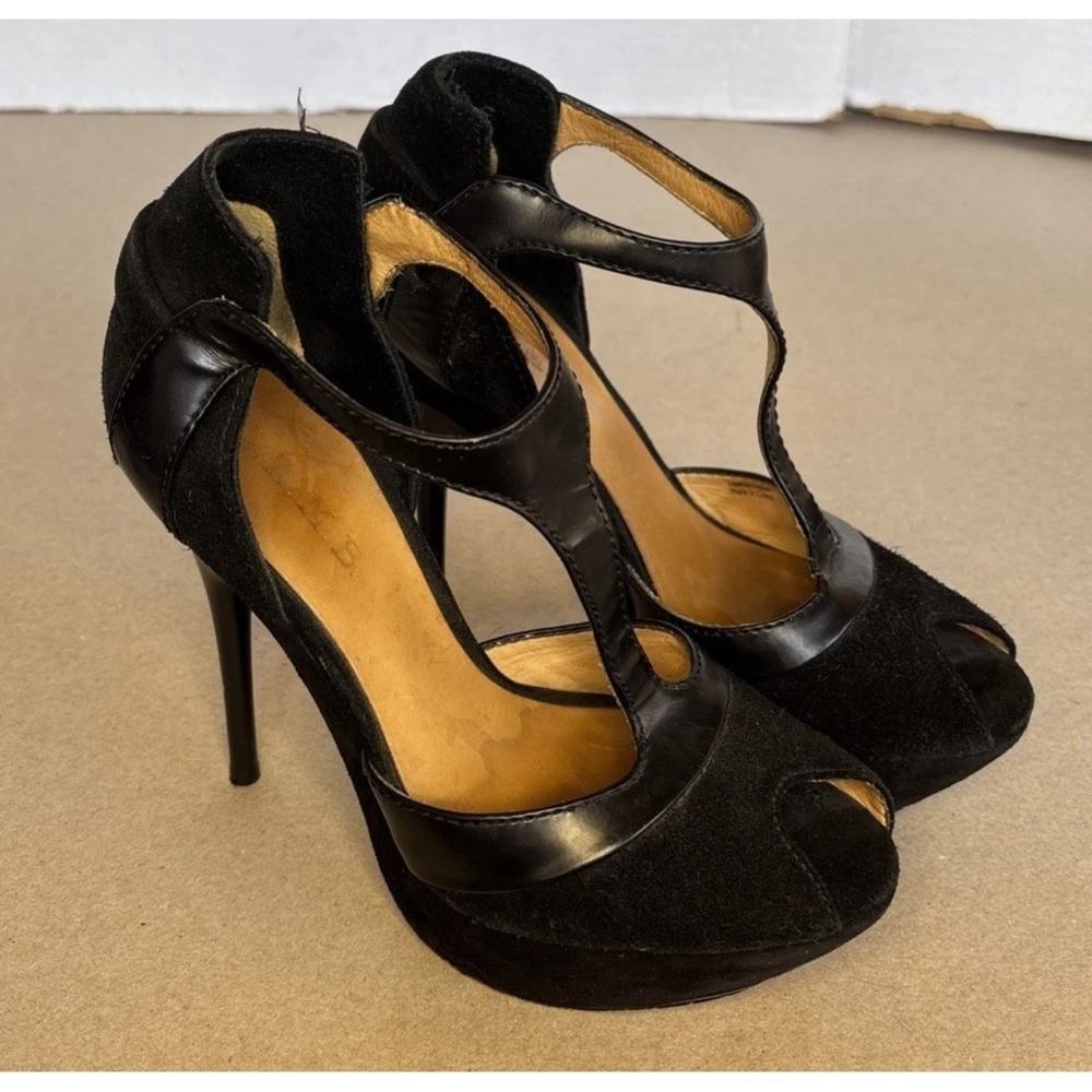 L.A.M.B - Black T-Strap Stilettos  High Heel Shoes Peep Toe Women's Size 6